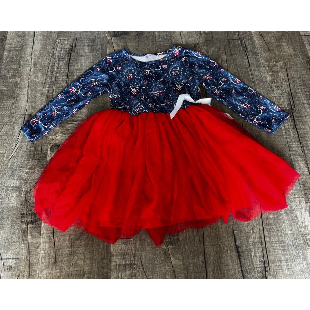 Pete + Lucy Girls Dress Red Tulle Blue Winter Berry Print Long Sleeve 7/8